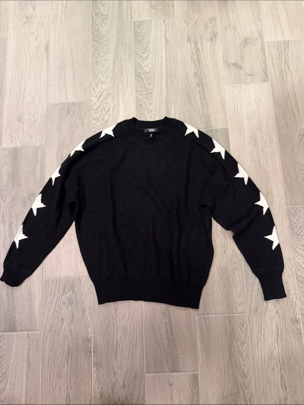 Aqua Woman’s Cashmere Black Star-Trim Crewneck Sweater Size XS